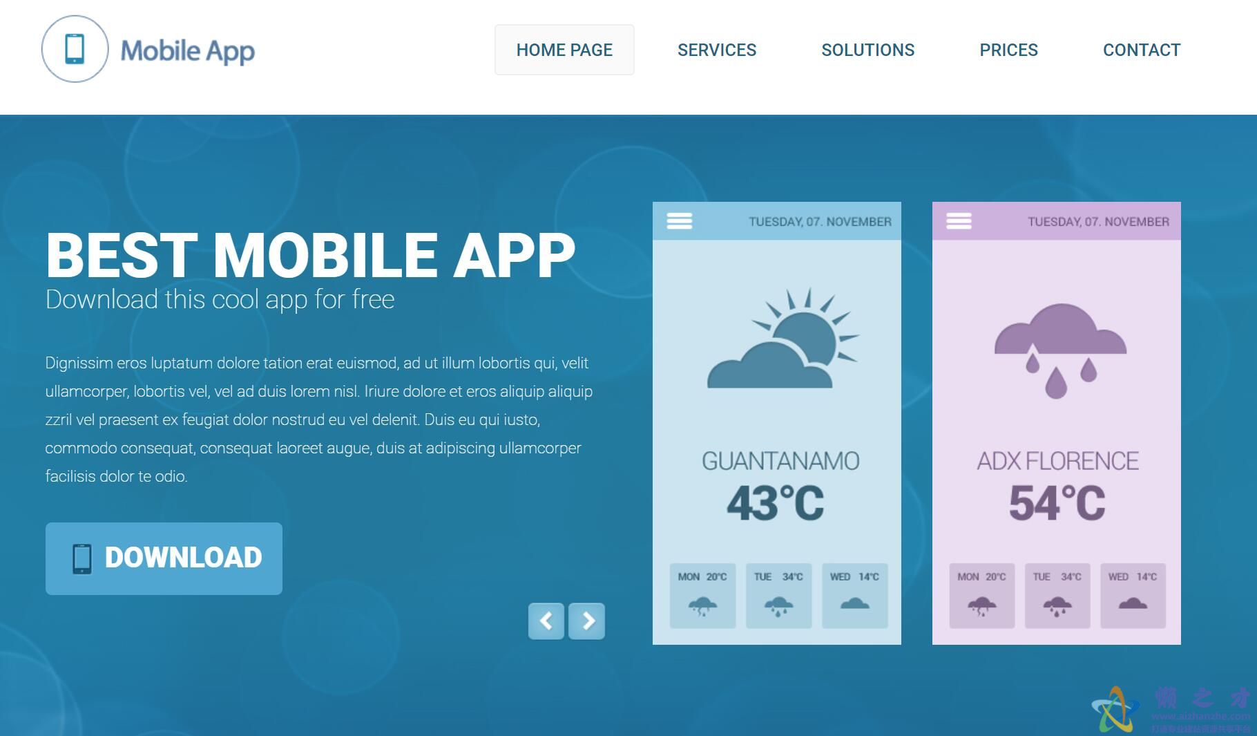 Moblie蓝色气泡移动应用APP导向式网站模板