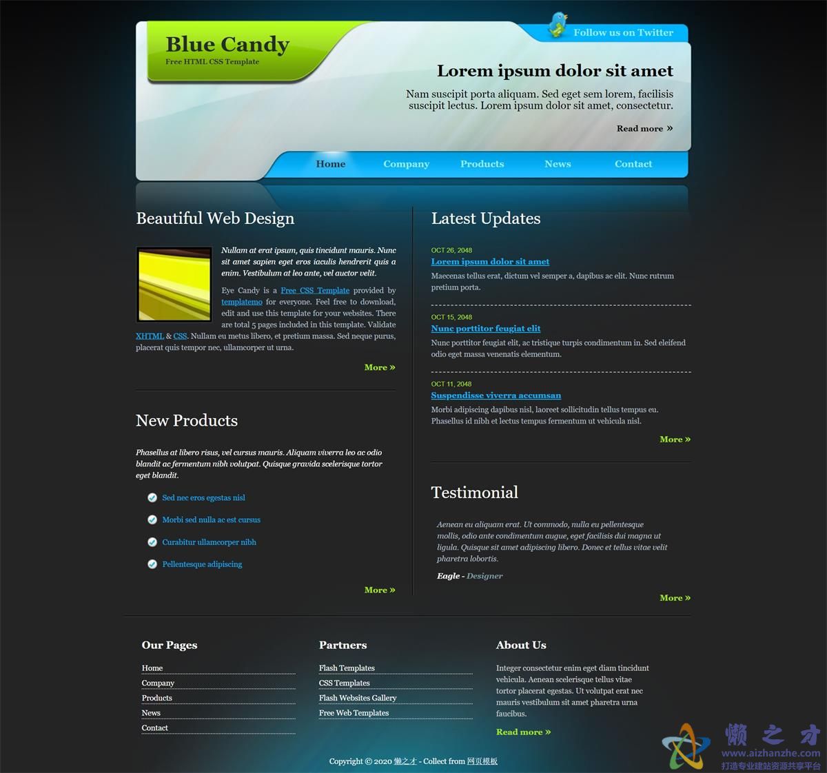 blue candy深灰色背景蓝色糖果条双列对称布局多页web模板