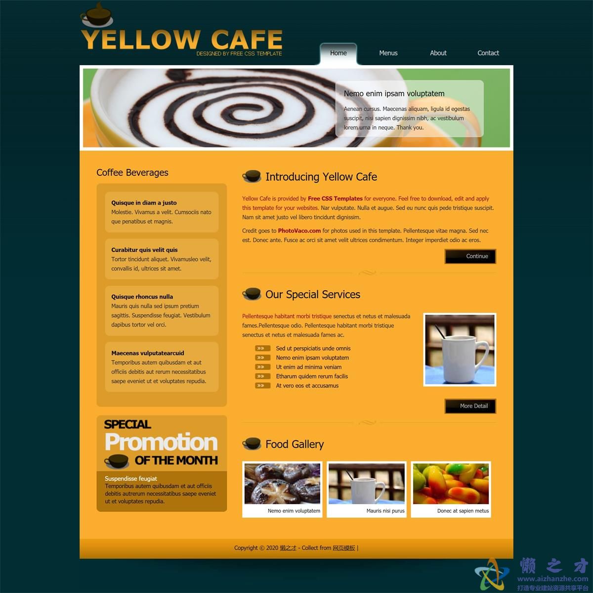 yellow cafe黄色主题标准单页布局网站模板