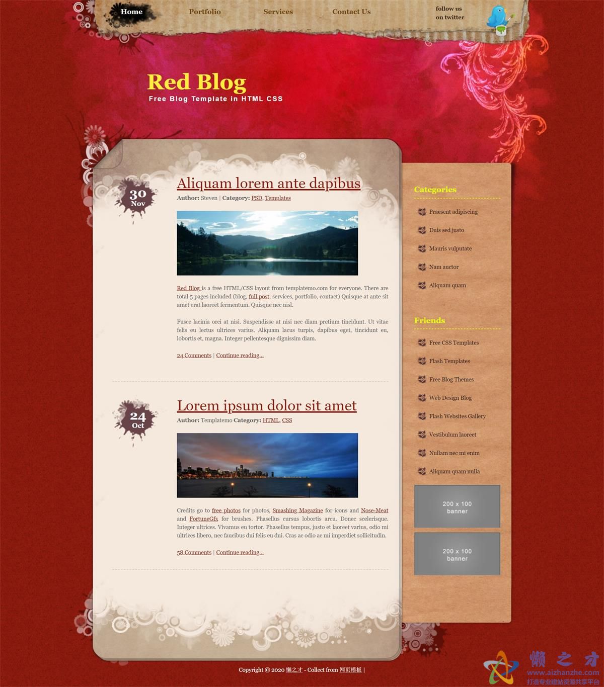 red blog红色博客主题多页多级注释双列布局网站模板