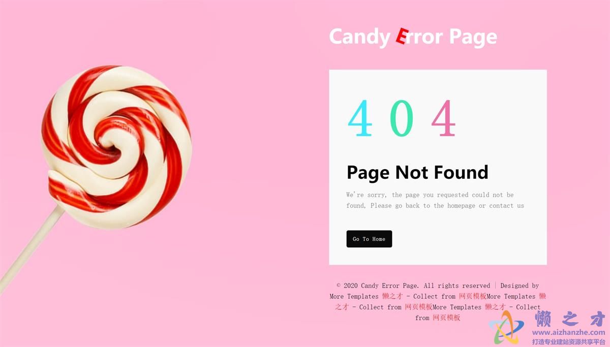 Candy粉色UI背景糖果404错误页面响应式单页面web网站模板