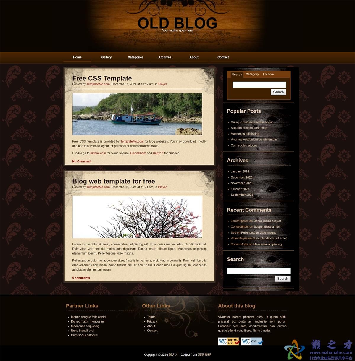 old blog深红色与黑色结合中间三列页脚设计网站模板