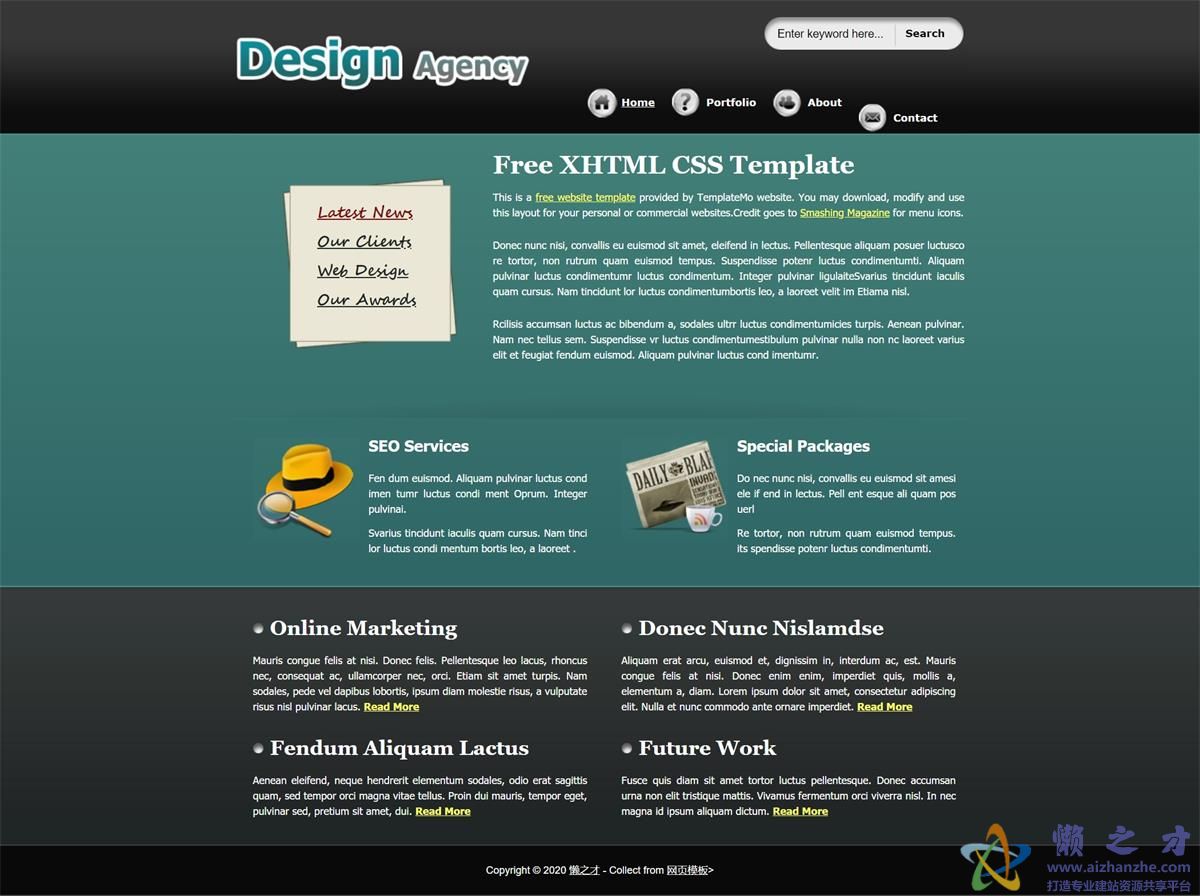design agency双列布局黑色标题灰色页脚网站模板