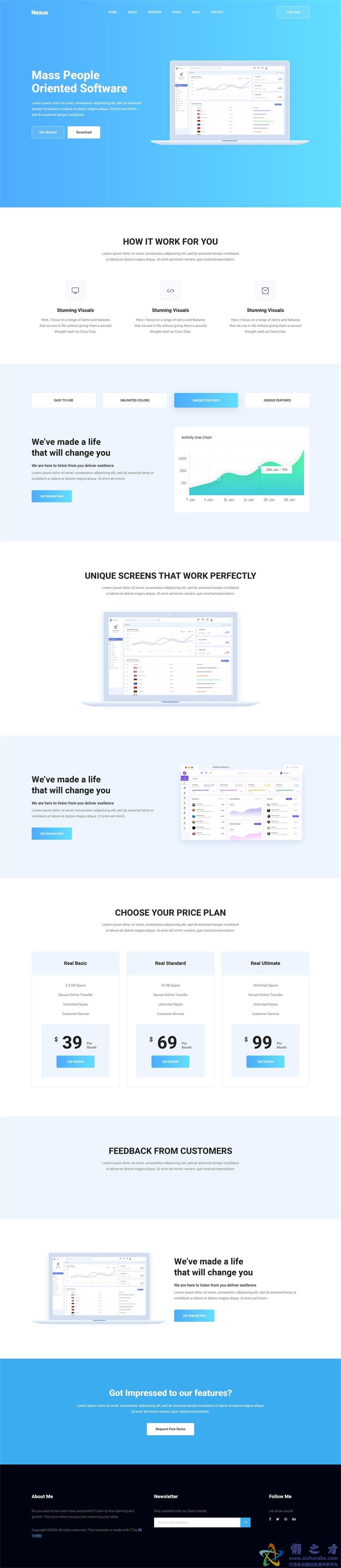 蓝色数据分析服务响应式网站模板