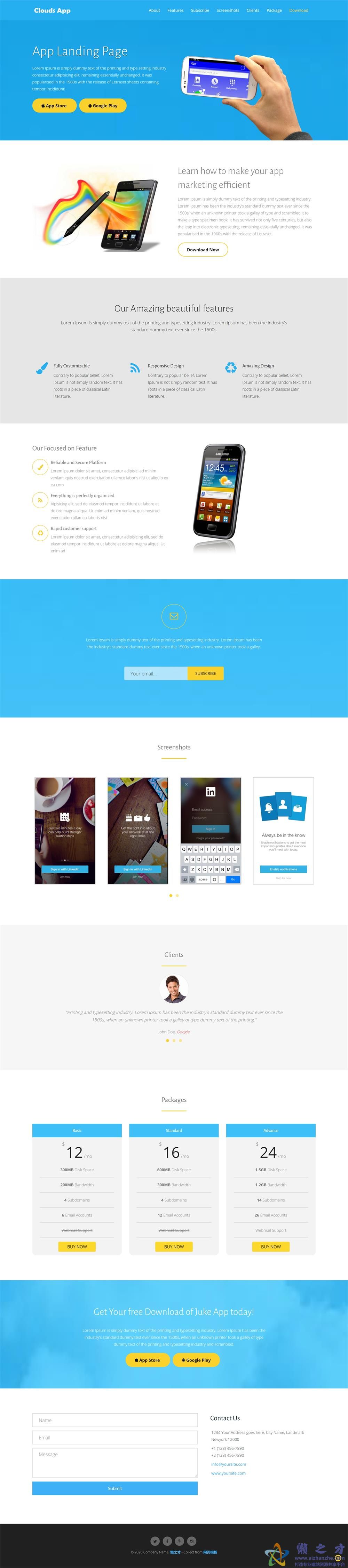 天蓝色精心设计和构建引导程序着陆页网站模板