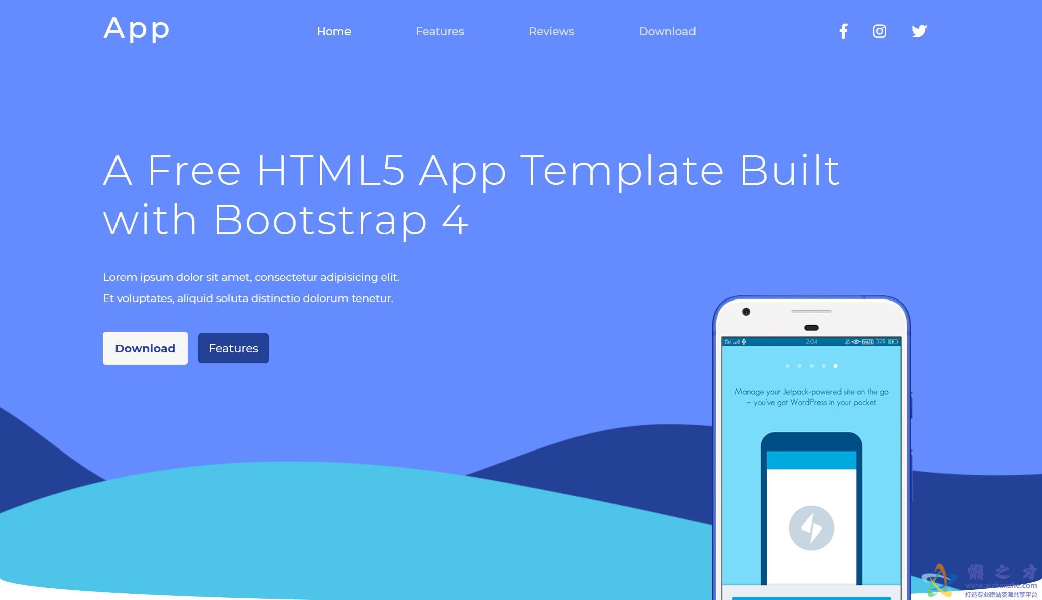 实用青蓝色ui小部件app一页式手机网站模板