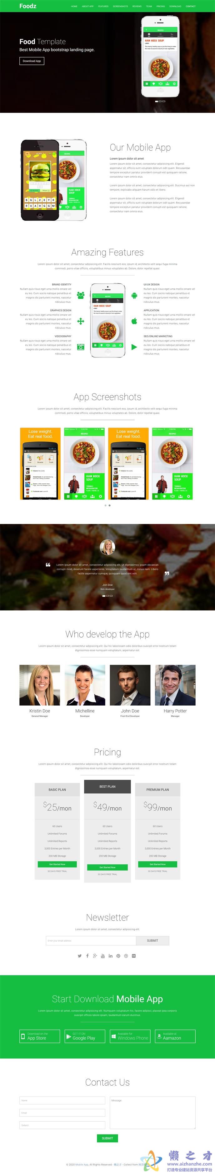 多用途现代设计bootstrap简约响应式foodz单页网站模板