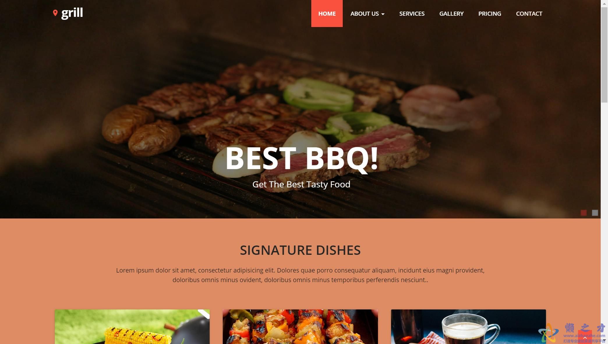响应式橙色烧烤招牌餐厅主题引导模板