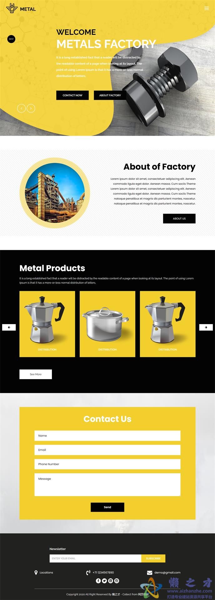 清新黄色几何金属制造工厂图文排版web网站模板