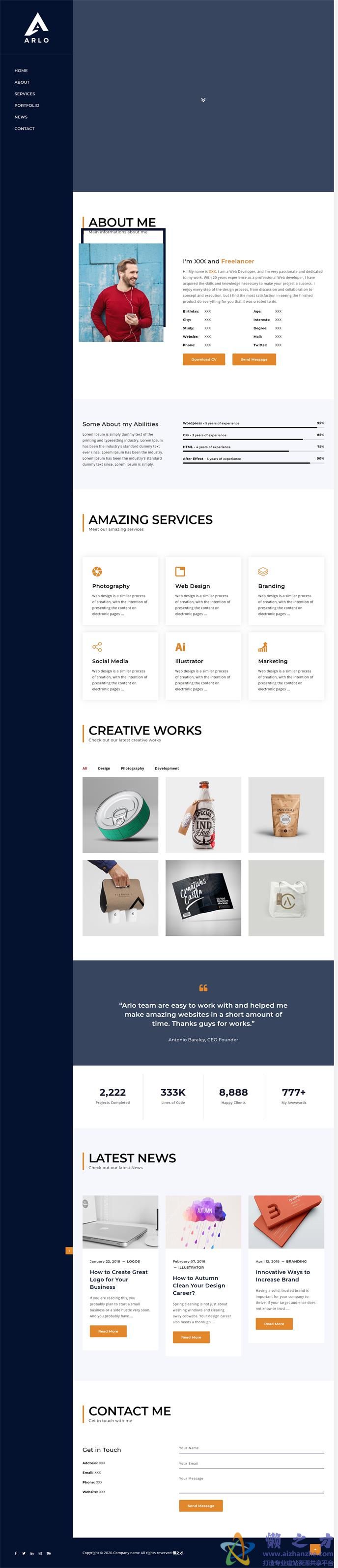 深蓝大屏多用途的个人简历网站模板[1.57MB]
