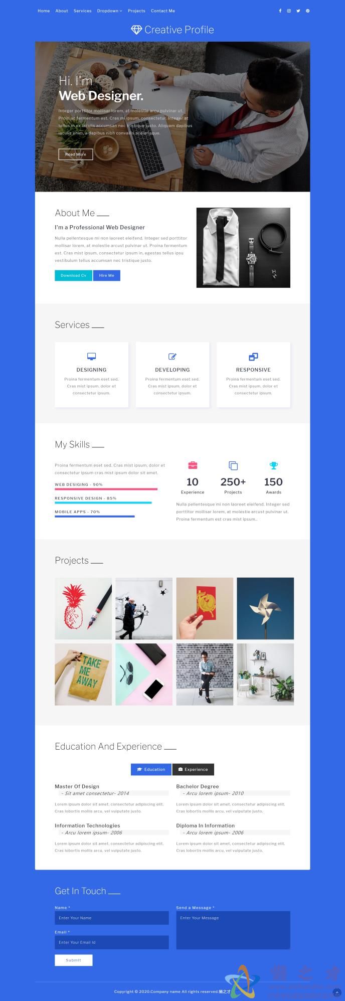 蓝色背景窄屏程序员设计师个人简历网站模板[1.27MB]