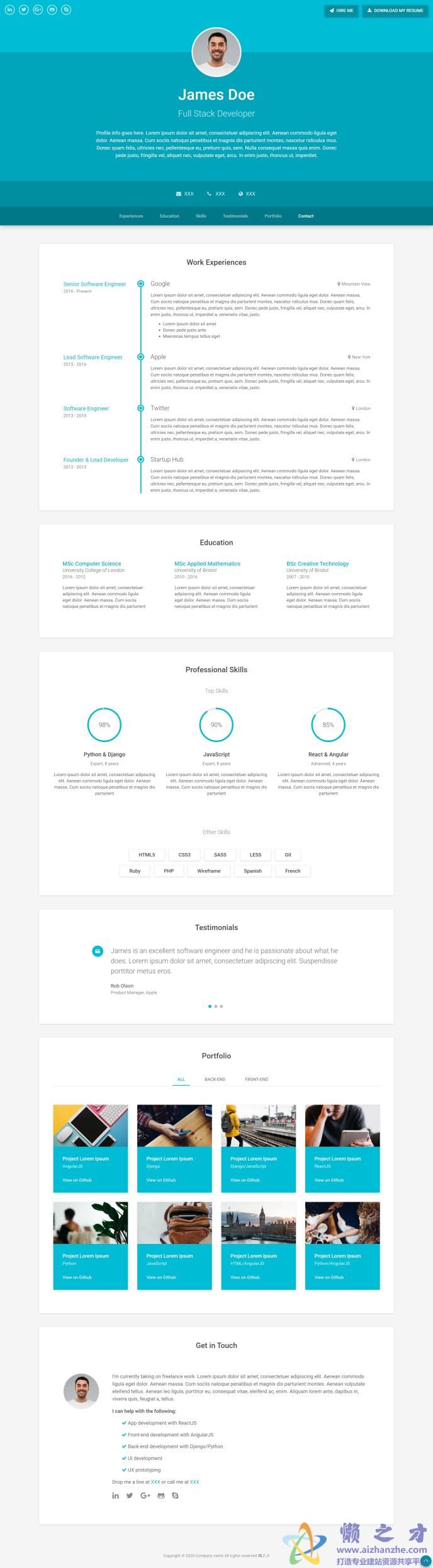 蓝色清爽大气工程师个人简介网站模板[1.10MB]