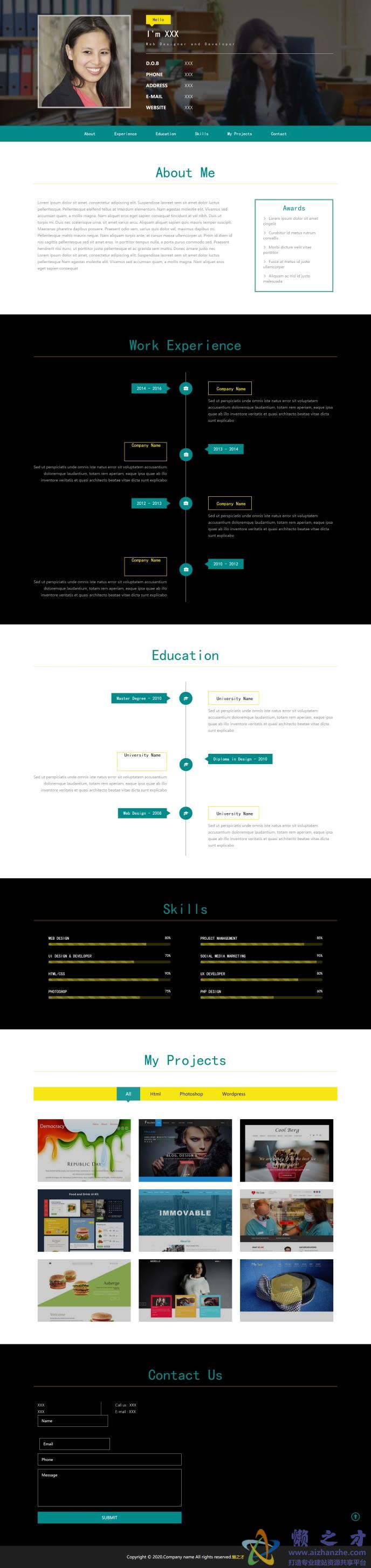 宽屏简洁通用行业个人简历单页网站模板[516KB]