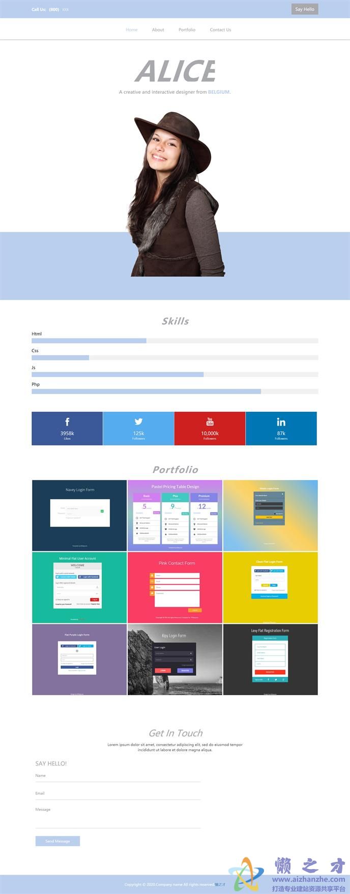 浅蓝色简洁CSS个人技能介绍网站模板[592KB]