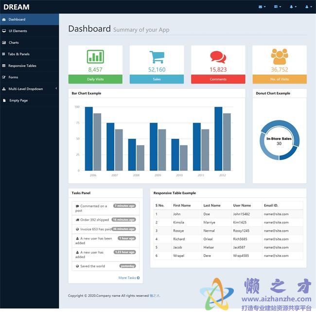 深蓝色大气数据后台统计管理HTML网页模板[610KB]