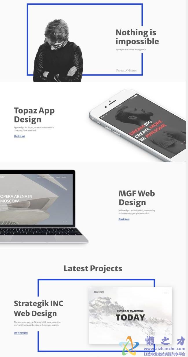 白色个性创意设计师个人作品集HTML网页模板[1.24MB]