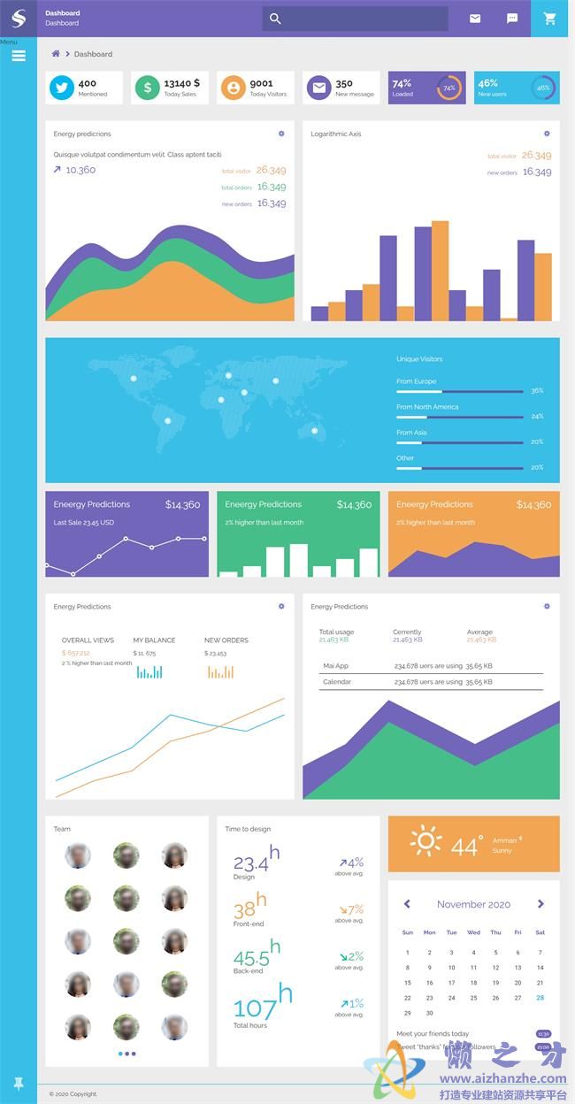 蓝紫相间销售数据统计后台管理HTML网页模板[8.10MB]