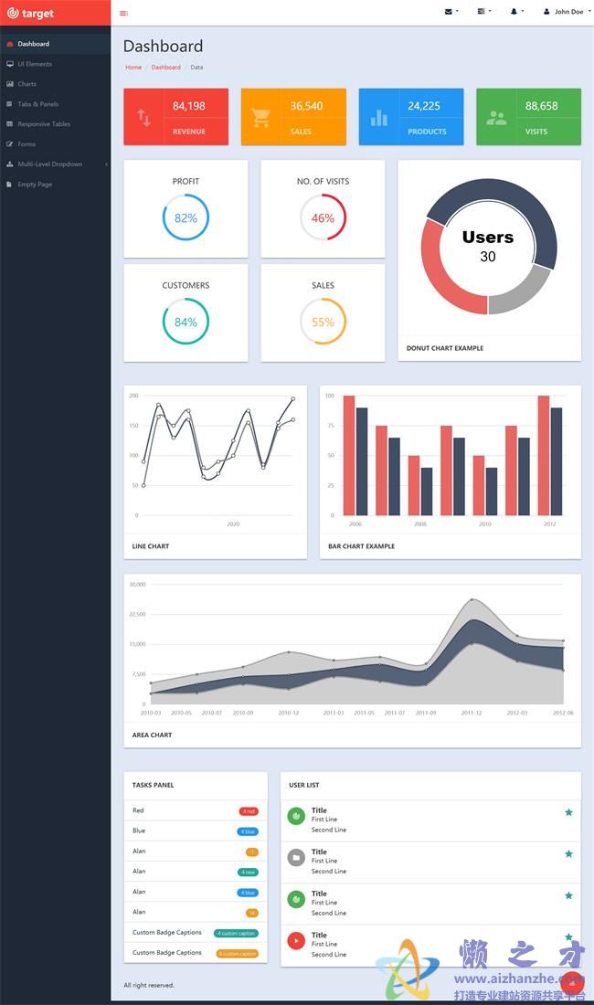 红色主题大气图形表企业数据管理HTML网页模板[1.77MB]