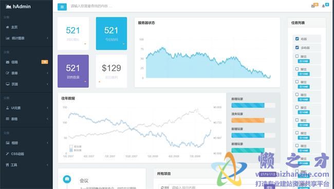 蓝色清爽服务器后台数据管理HTML网页模板[3.48MB]